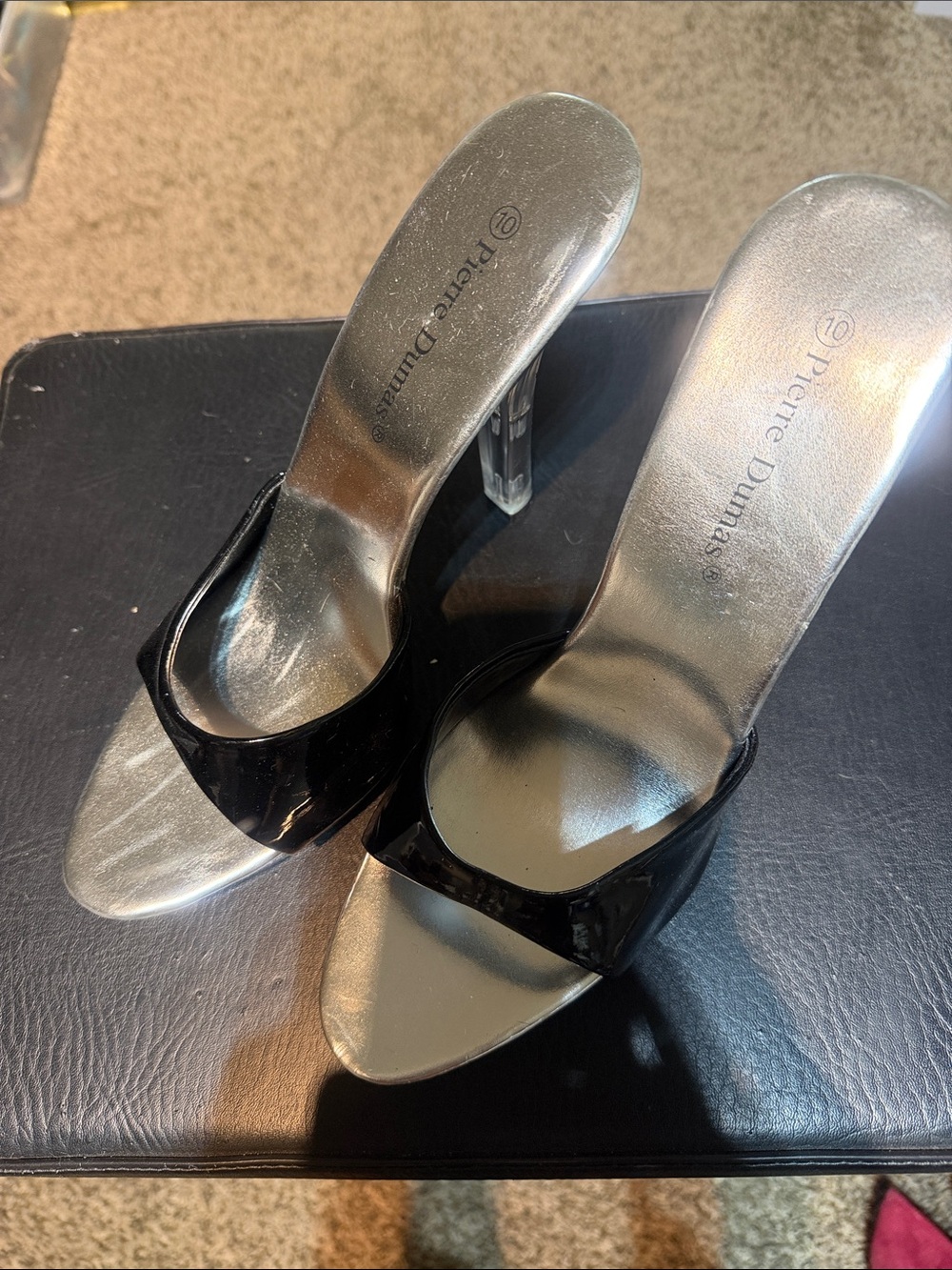 Pierre Dumas Black Patent Slide Sandals with Clear Heel